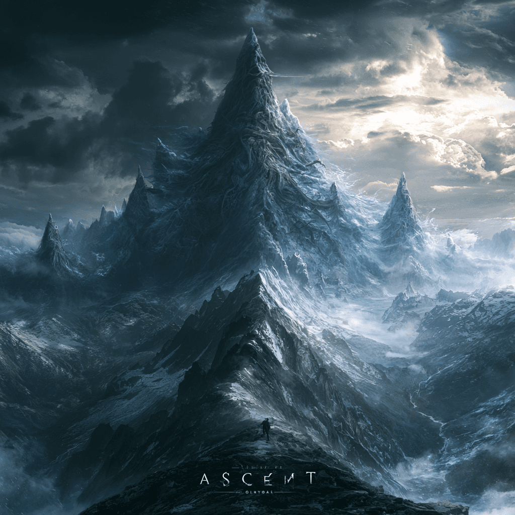 Ascent — cinematic mountain landscape with lone climber approaching summit