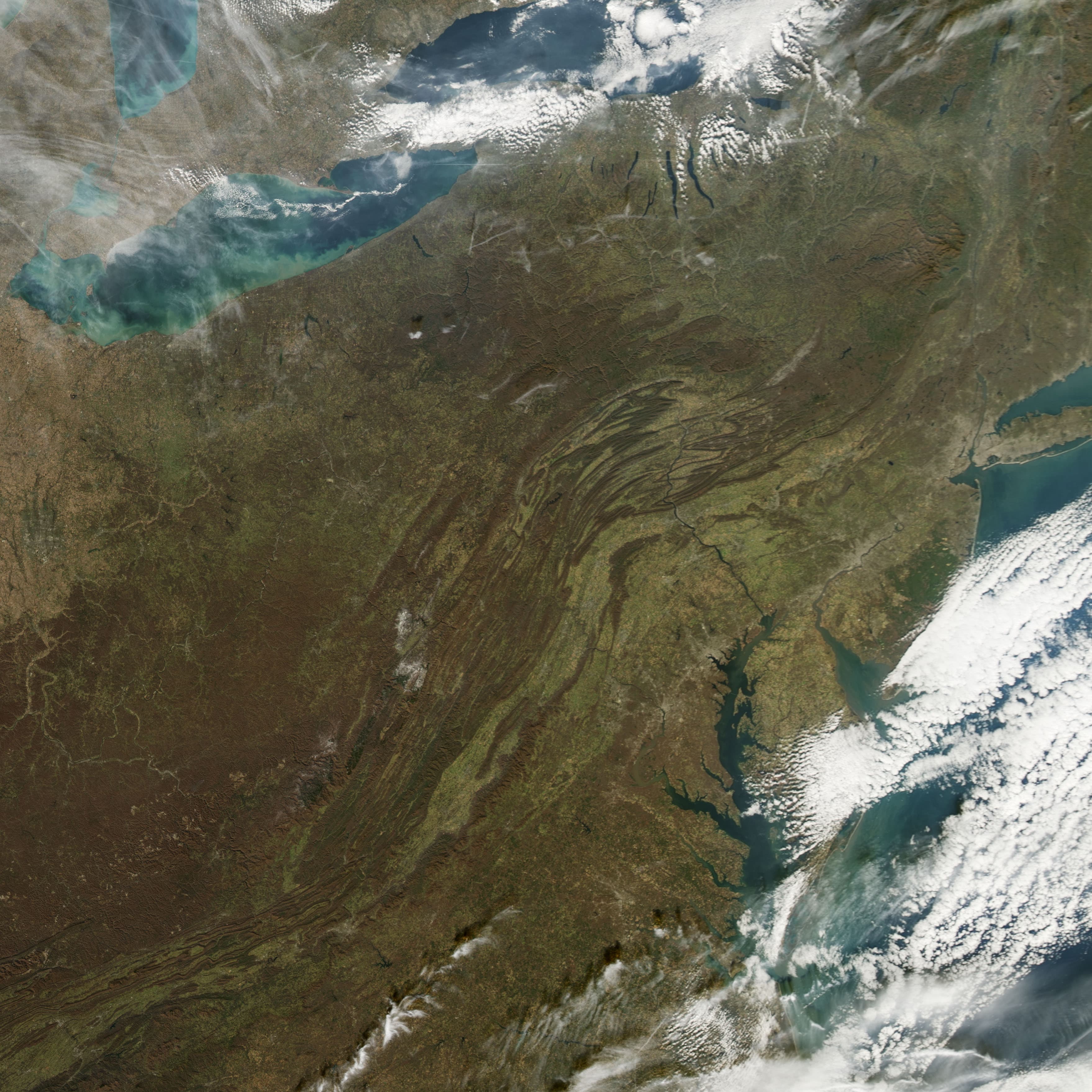 Satellite image of the Pennsylvania salient, the broad bend in the folded Appalachian Mountains.