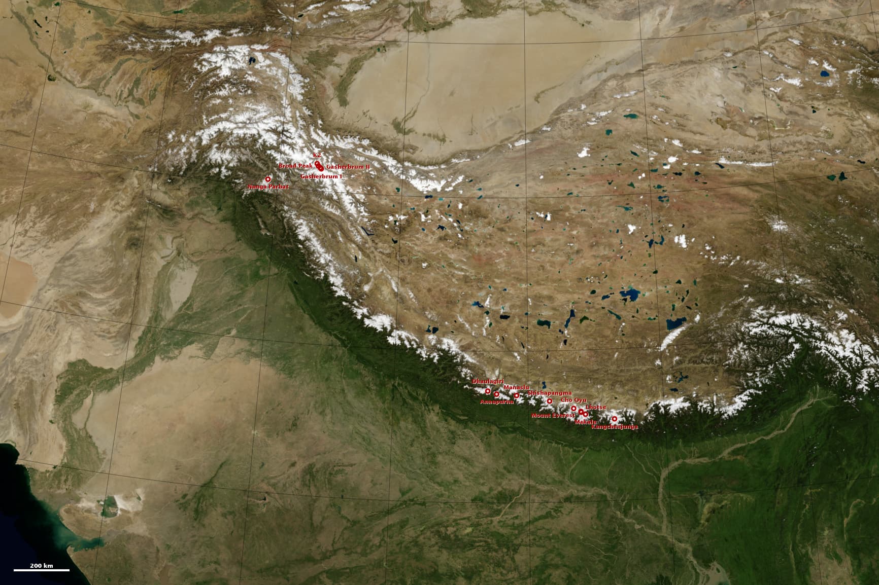 Satellite map of the Himalaya, Karakoram, Tibetan Plateau, and Indo-Gangetic plain.