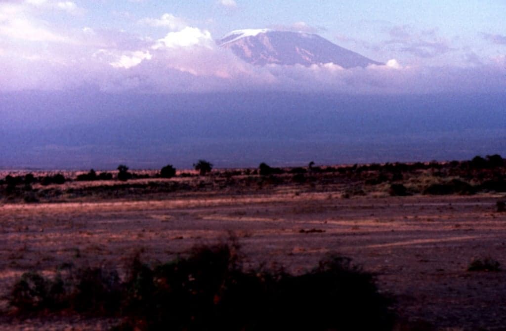 Kilimanjaro rising above Amboseli with the broad Kibo summit caldera visible.