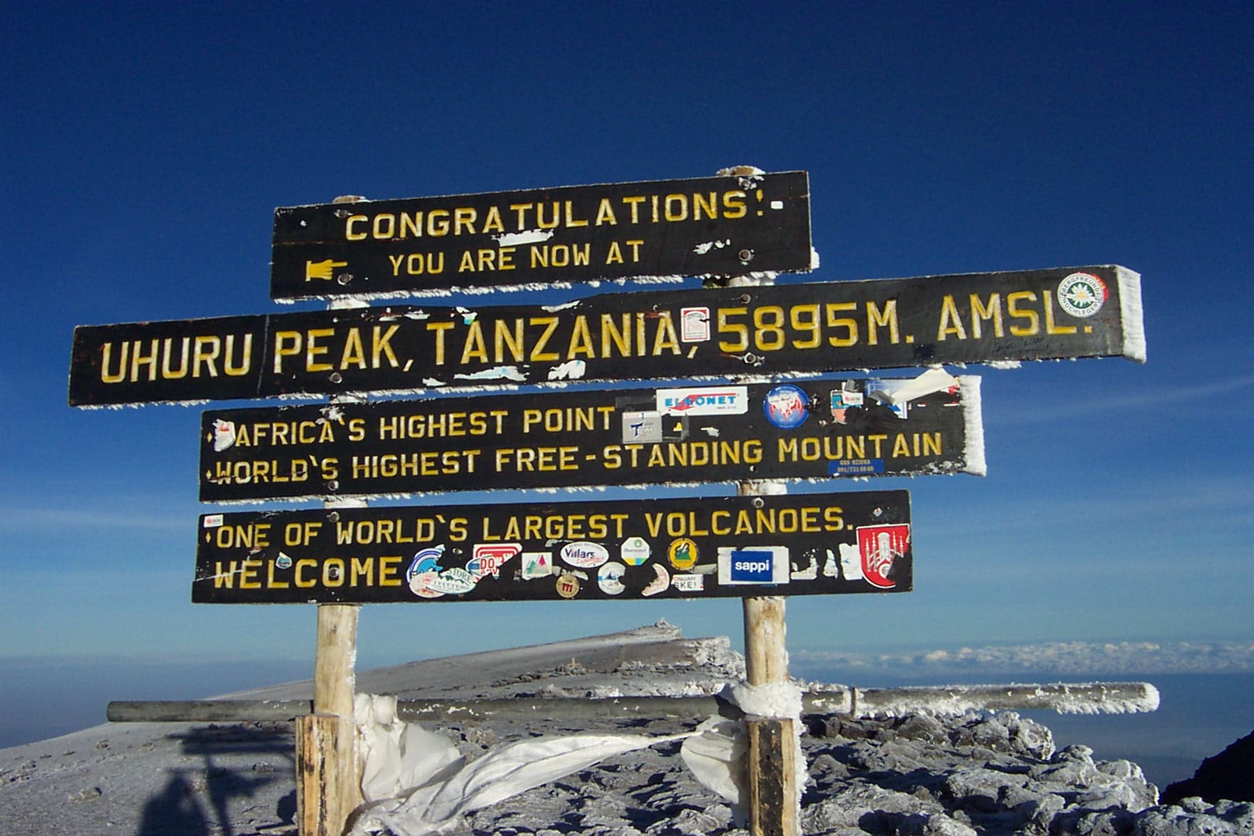 El cartel de cumbre en Uhuru Peak, 5.895 m