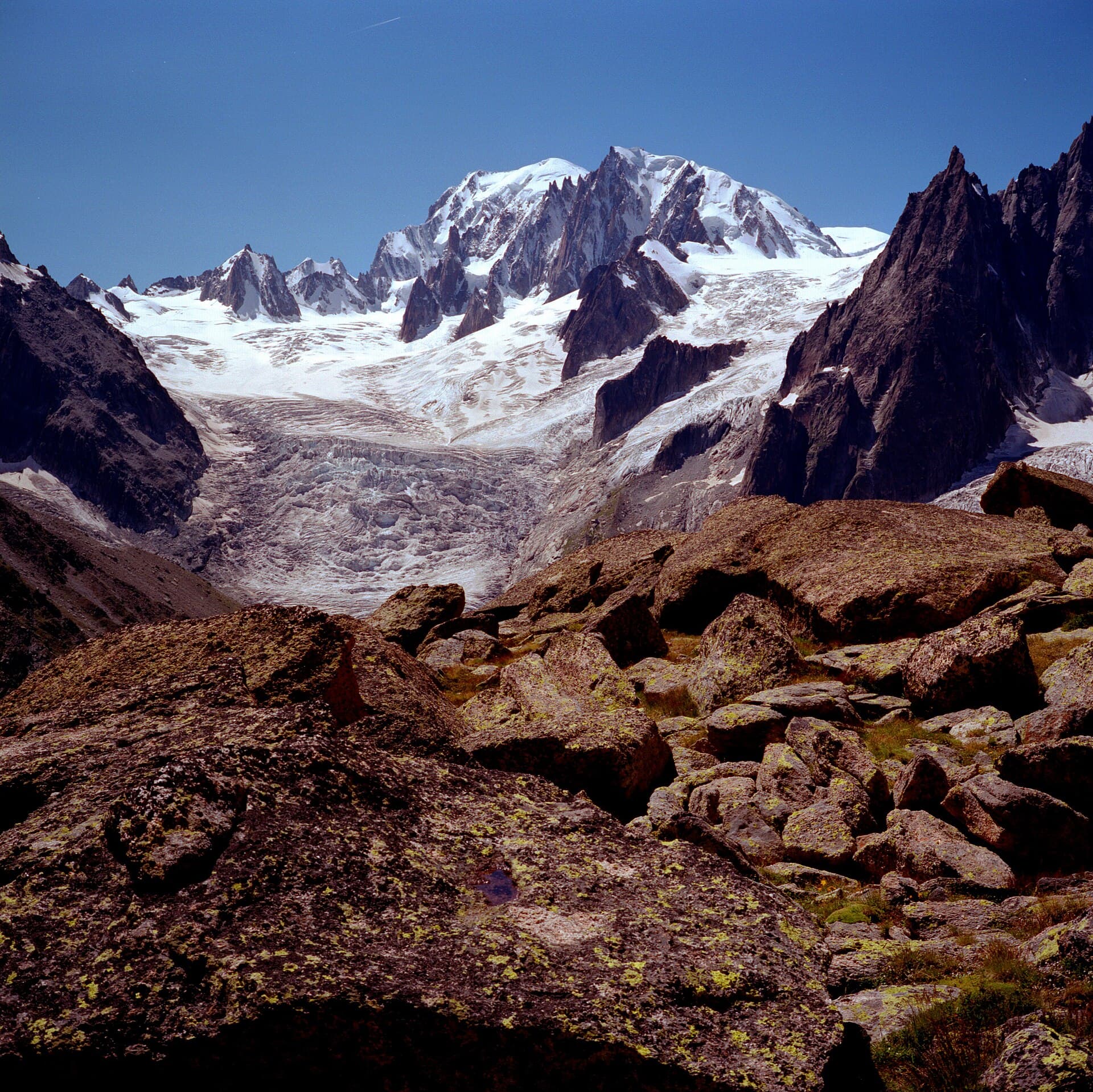 Glacier and red granite on the Mont Blanc massif