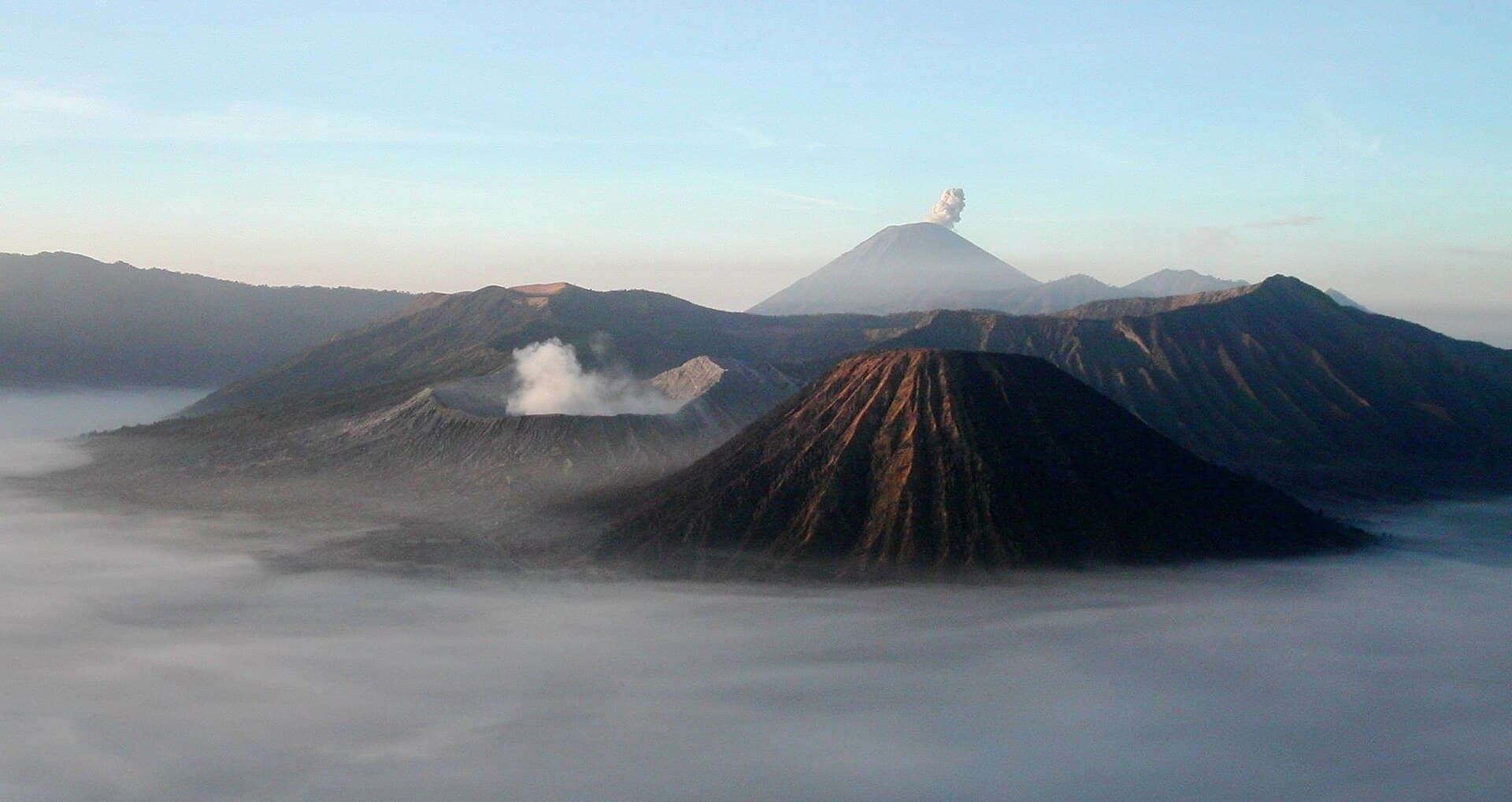 Bromo at sunrise, with Semeru behind