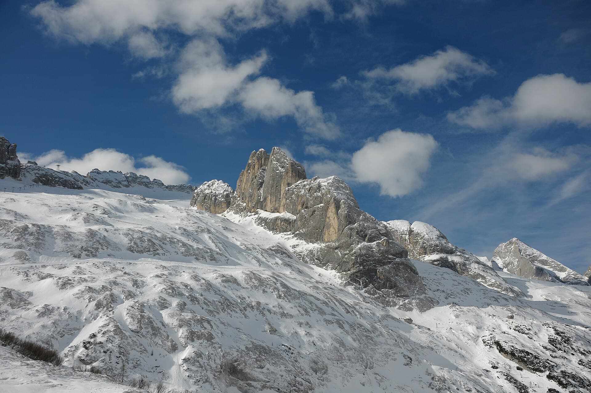 The Marmolada seen across the Dolomite plateaux