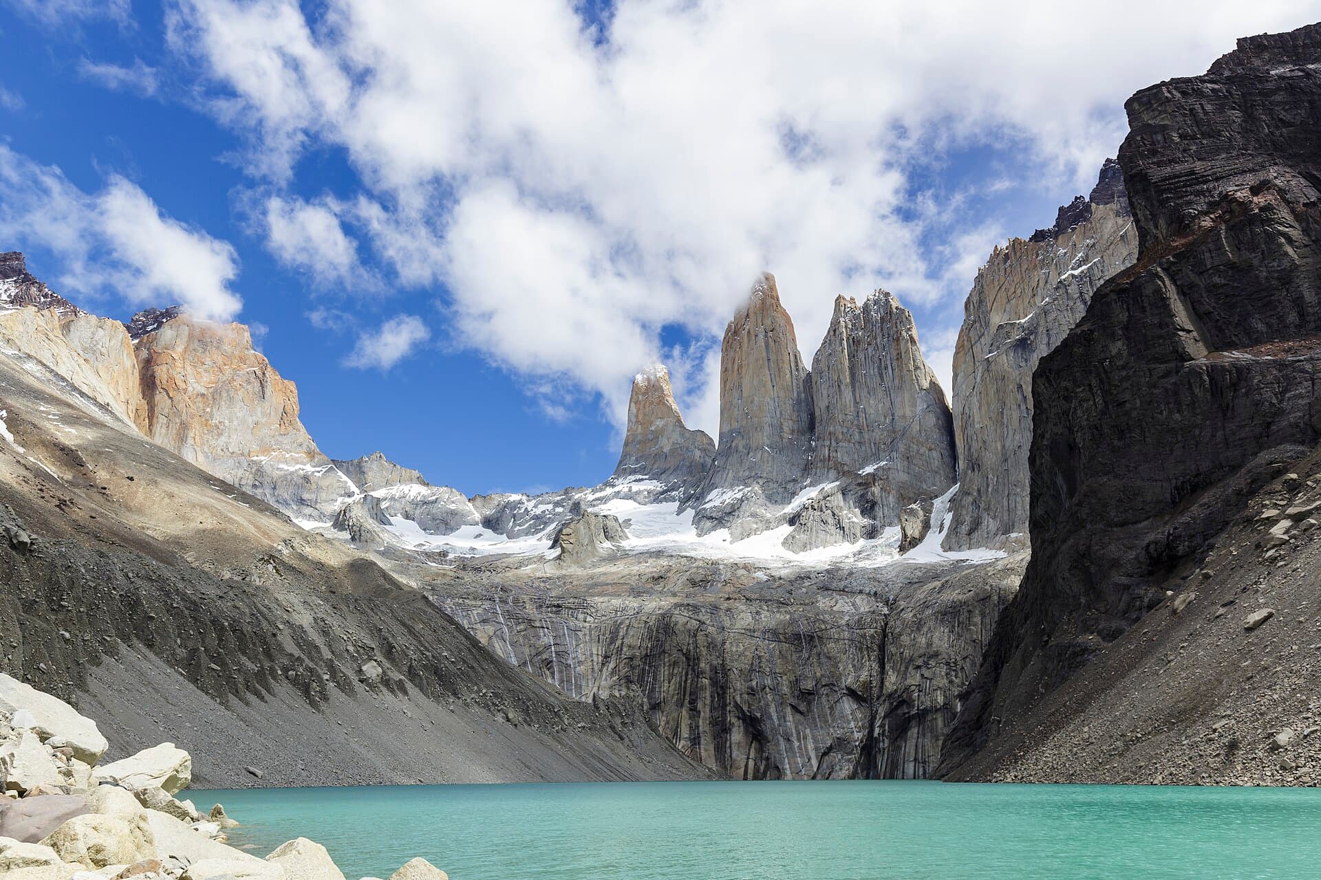 The Torres del Paine above their lagoon