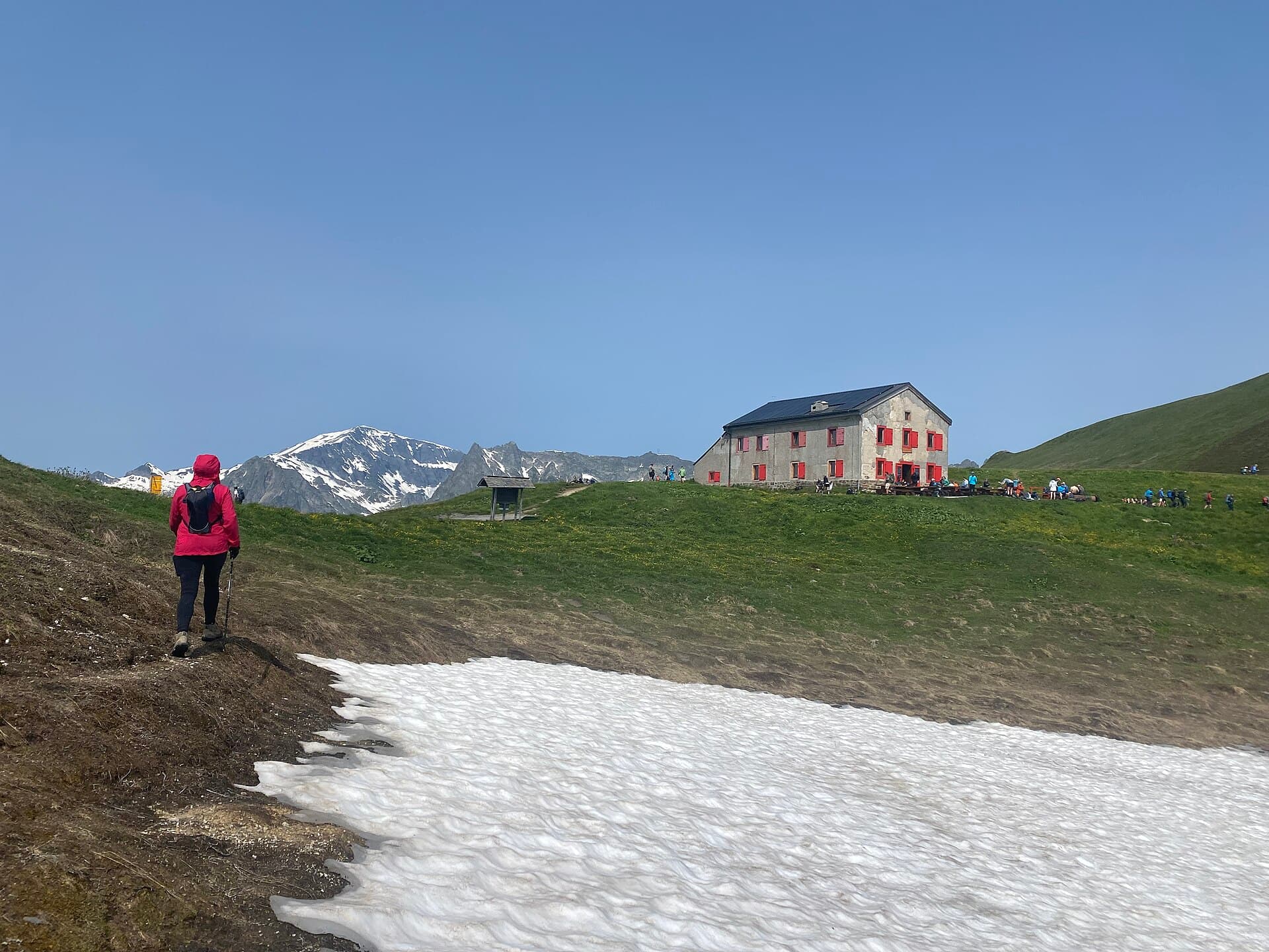 A walker at the Refuge du Col de Balme on the Tour du Mont Blanc